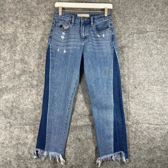 Hidden Jeans 26 Two Tone Blue Denim Distressed High Rise Tracey Straight Leg - Picture 1 of 14